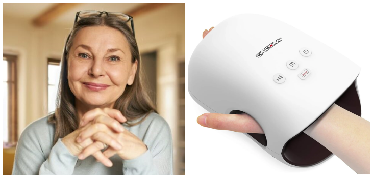 Collage of a woman smiling in content and the Cincom Hand Massager in use